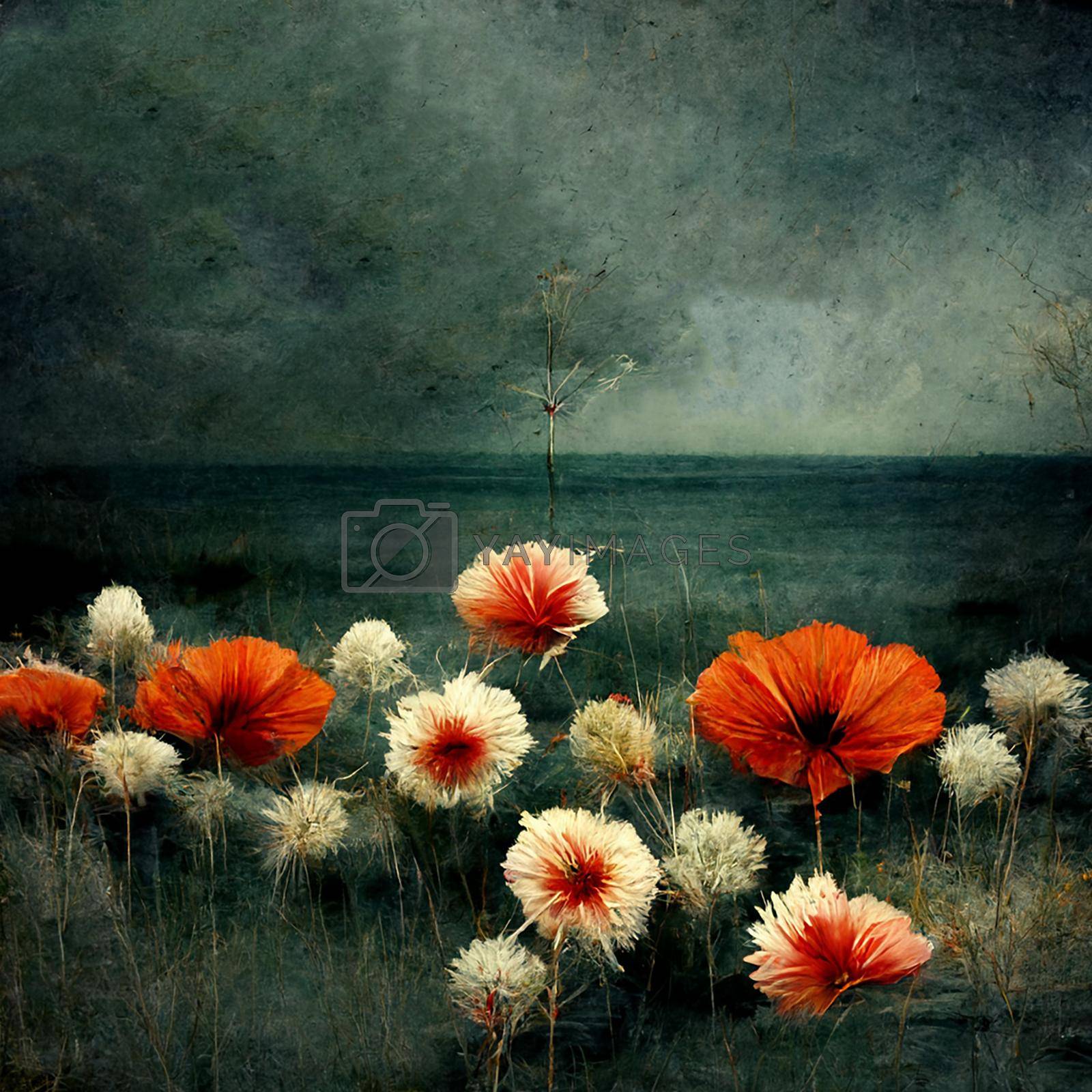Royalty free image of Artistic illustration of flowers waving in the wind in a dark setting by 	JacksonStock