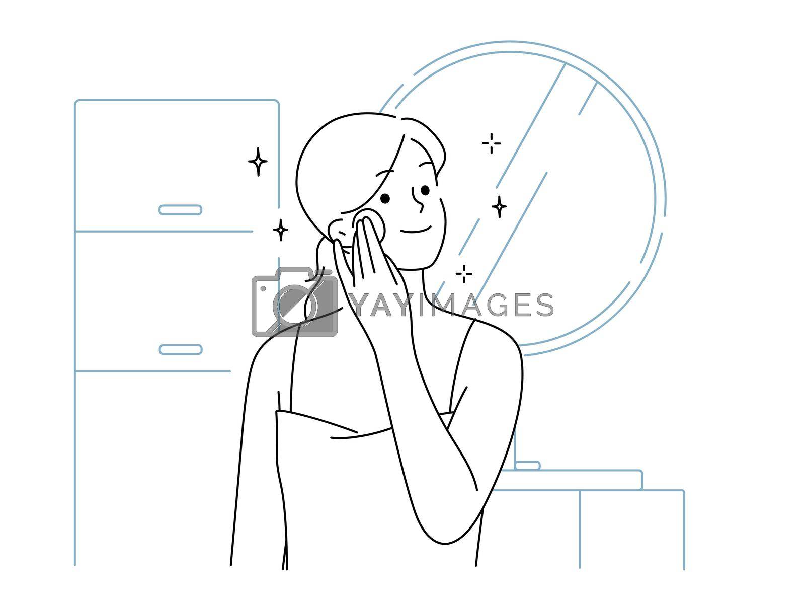 Young woman look in mirror in bathroom do daily beauty procedures. Smiling female perform face skincare routine in bath. Vector illustration.