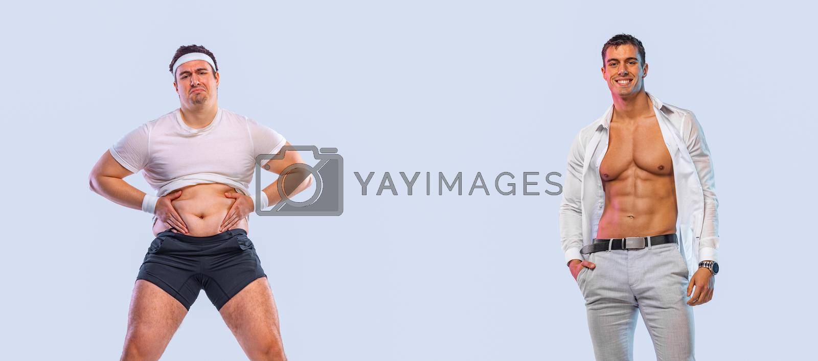 Royalty free image of Before and After Weight Loss Fitness Transformation. The man was fat but became athlet. Fat to fit concept. Copy space. by MikeOrlov