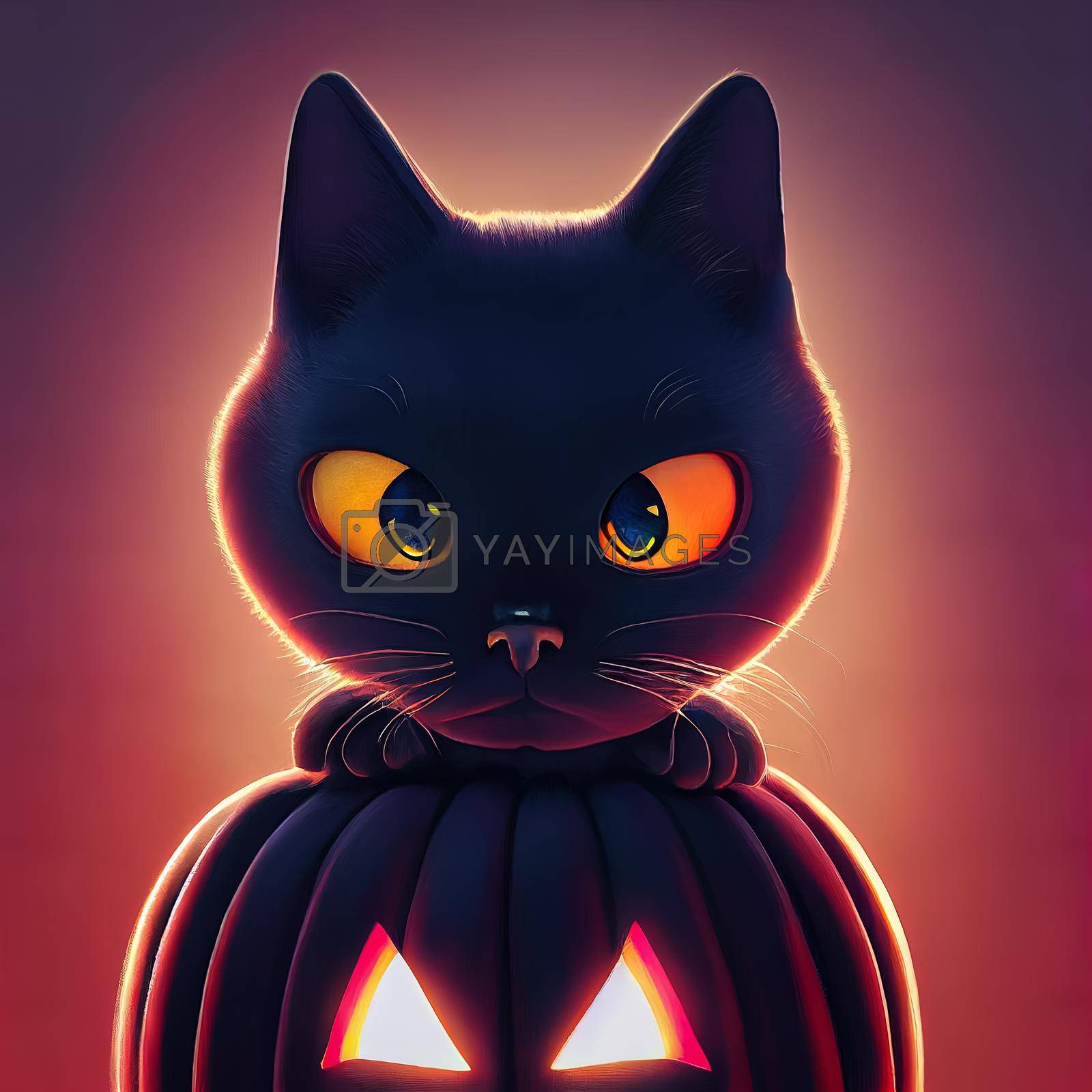 Royalty free image of illustration of a cute halloween black cat whit evil pumpkin, black cat animated illustration. by JpRamos