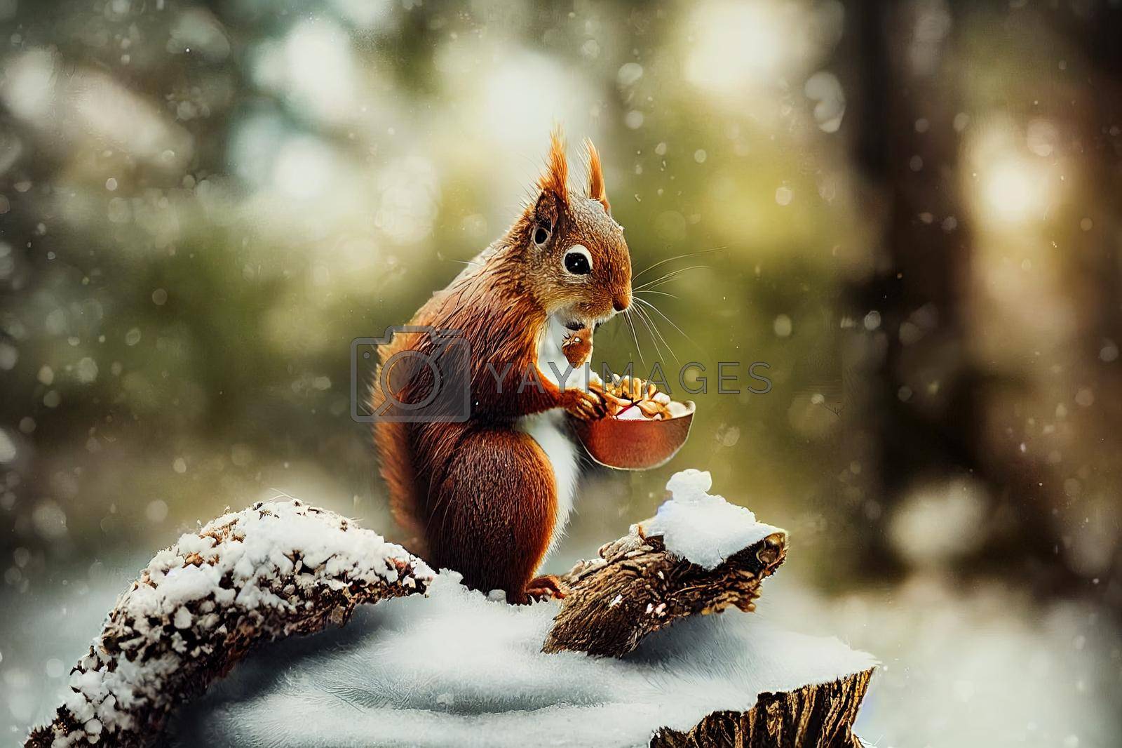 Royalty free image of Cute red squirrel eats a nut in winter scene High quality 2d illustration. by 2ragon