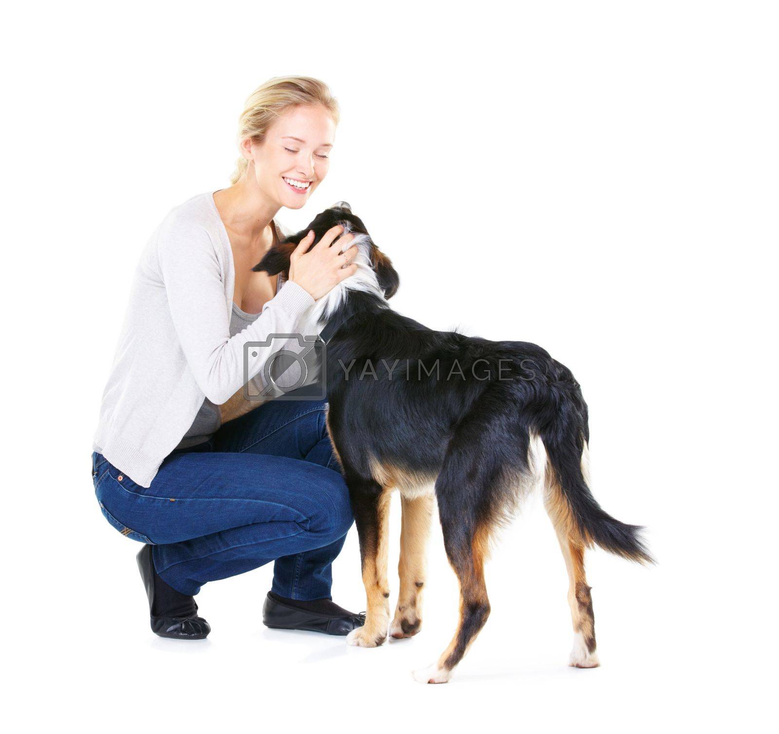Royalty free image of Love, pets and woman with dog and smile on white background with mockup and product placement. Best friends, happy woman and animal playing and training with pet care and loyalty together in studio. by YuriArcurs