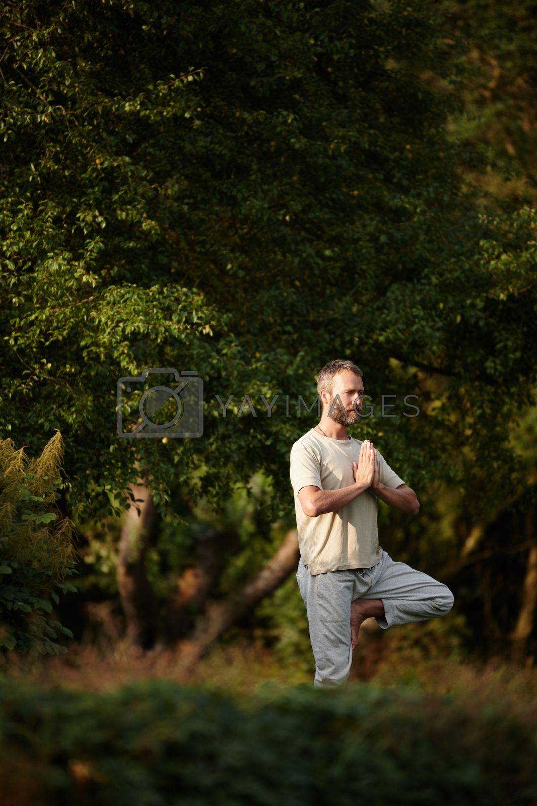 Royalty free image of He found a tranquil yoga spot. a mature man doing a standing yoga pose in nature. by YuriArcurs