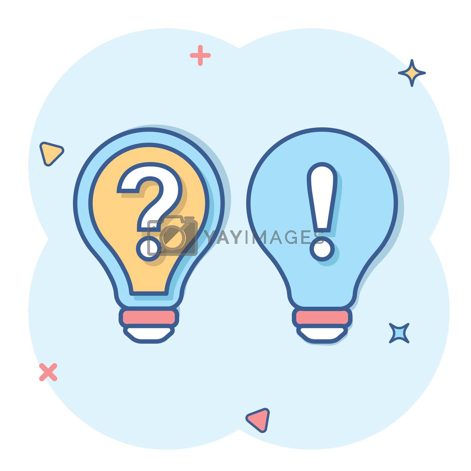 Royalty free image of Problem solution icon in comic style. Light bulb idea vector cartoon illustration on isolated background. Question and answer business concept. by LysenkoA