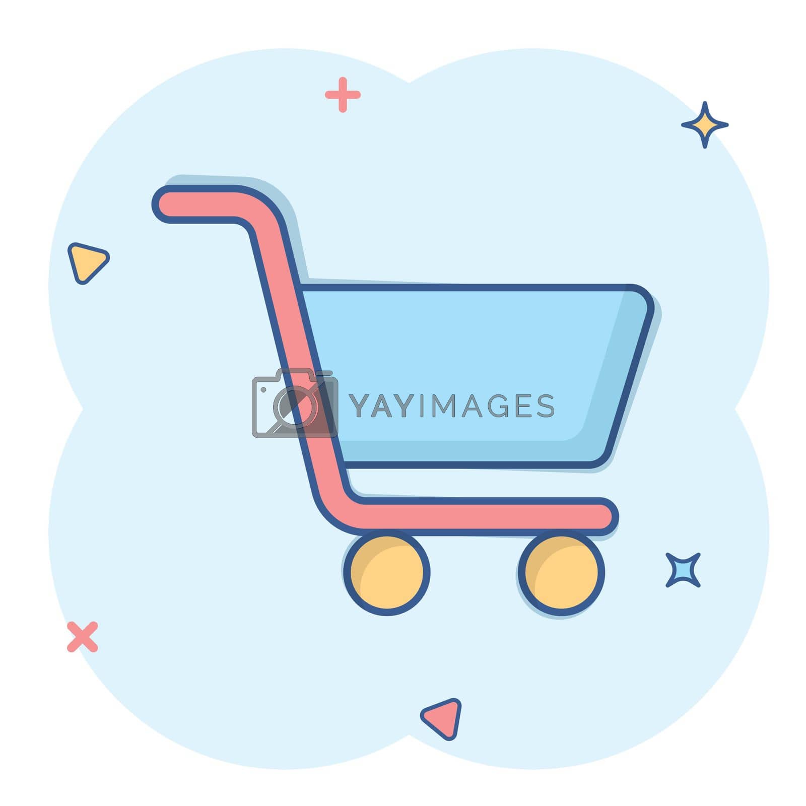 Royalty free image of Shopping cart icon in comic style. Trolley cartoon vector illustration on white isolated background. Basket splash effect business concept. by LysenkoA
