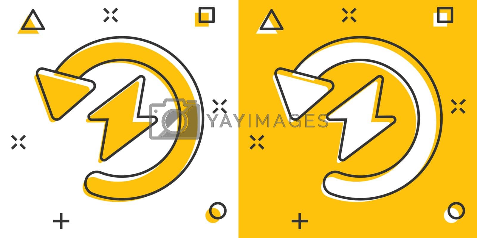 Royalty free image of Energy recharge icon in comic style. Voltage and arrow cartoon vector illustration on white isolated background. Electric splash effect sign business concept. by LysenkoA