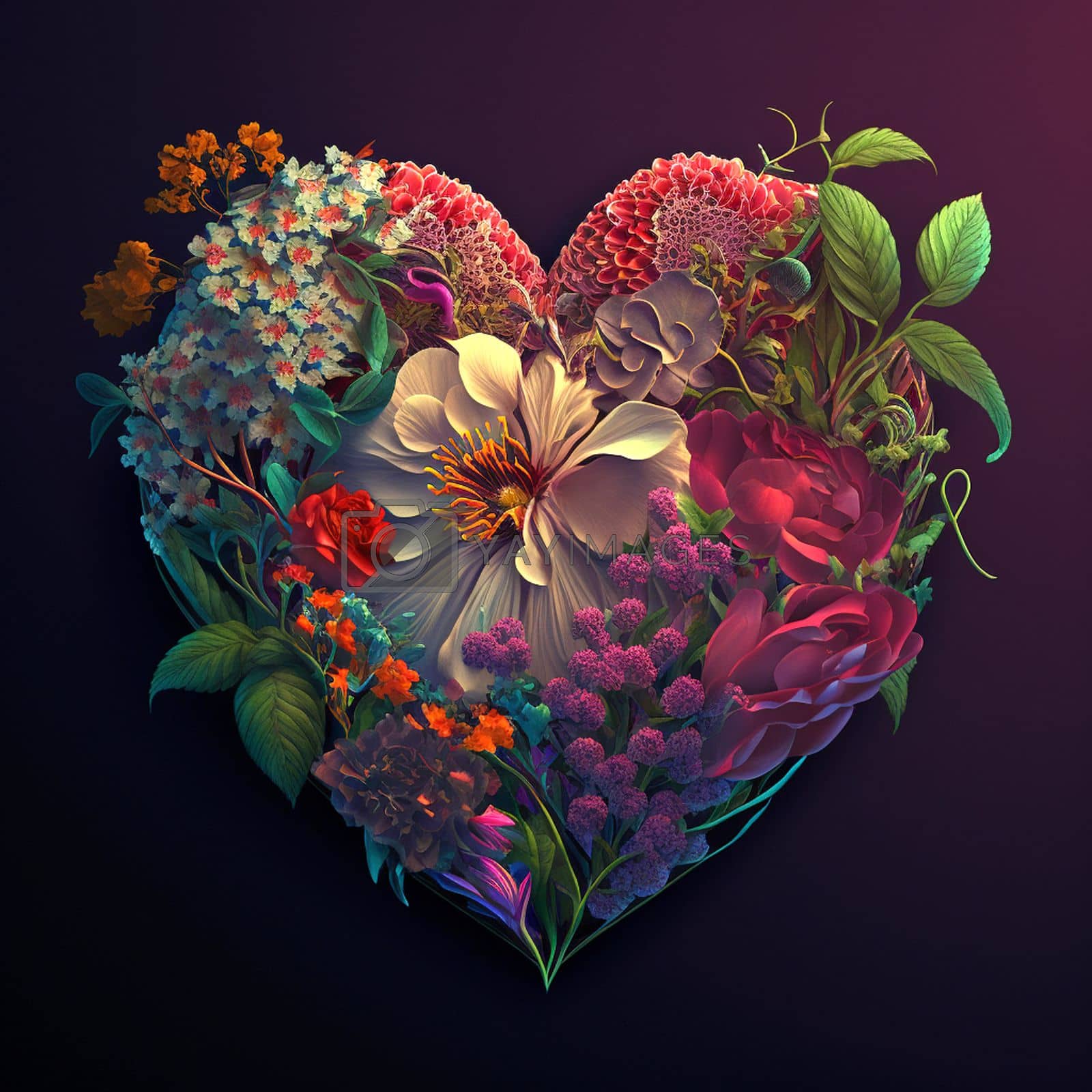 Floral romantic heart and flowers. Vintage love illustration on dark background. Digital generaterd.
