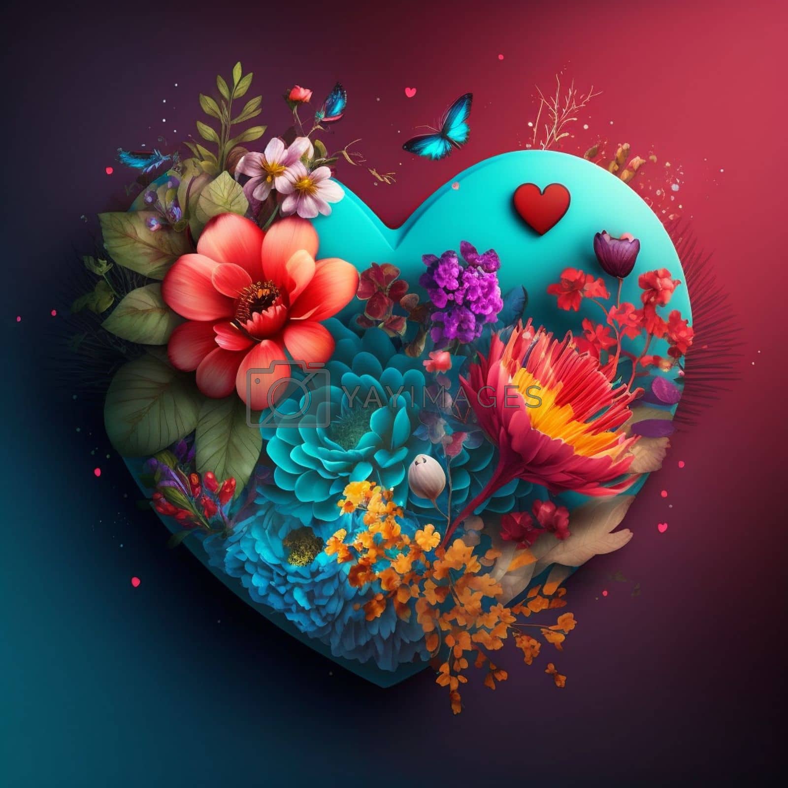 Floral romantic heart and flowers. Valentines love illustration on dark background. Digital generaterd.