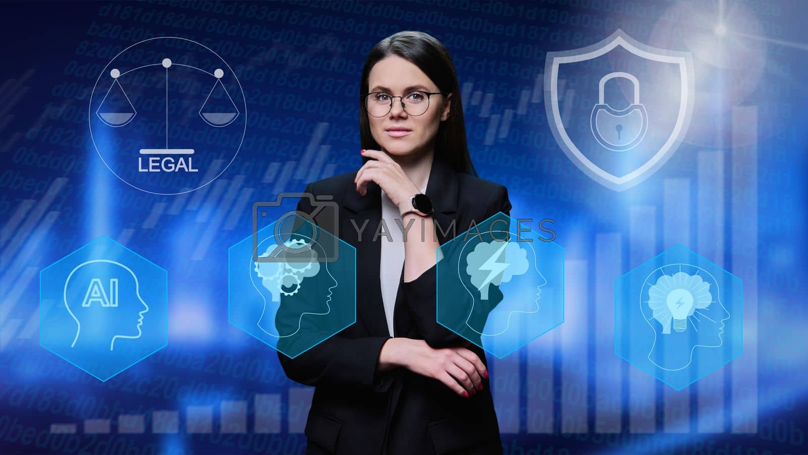 Royalty free image of Portrait of confident female lawyer on background with artificial intelligence ship legal by VH-studio