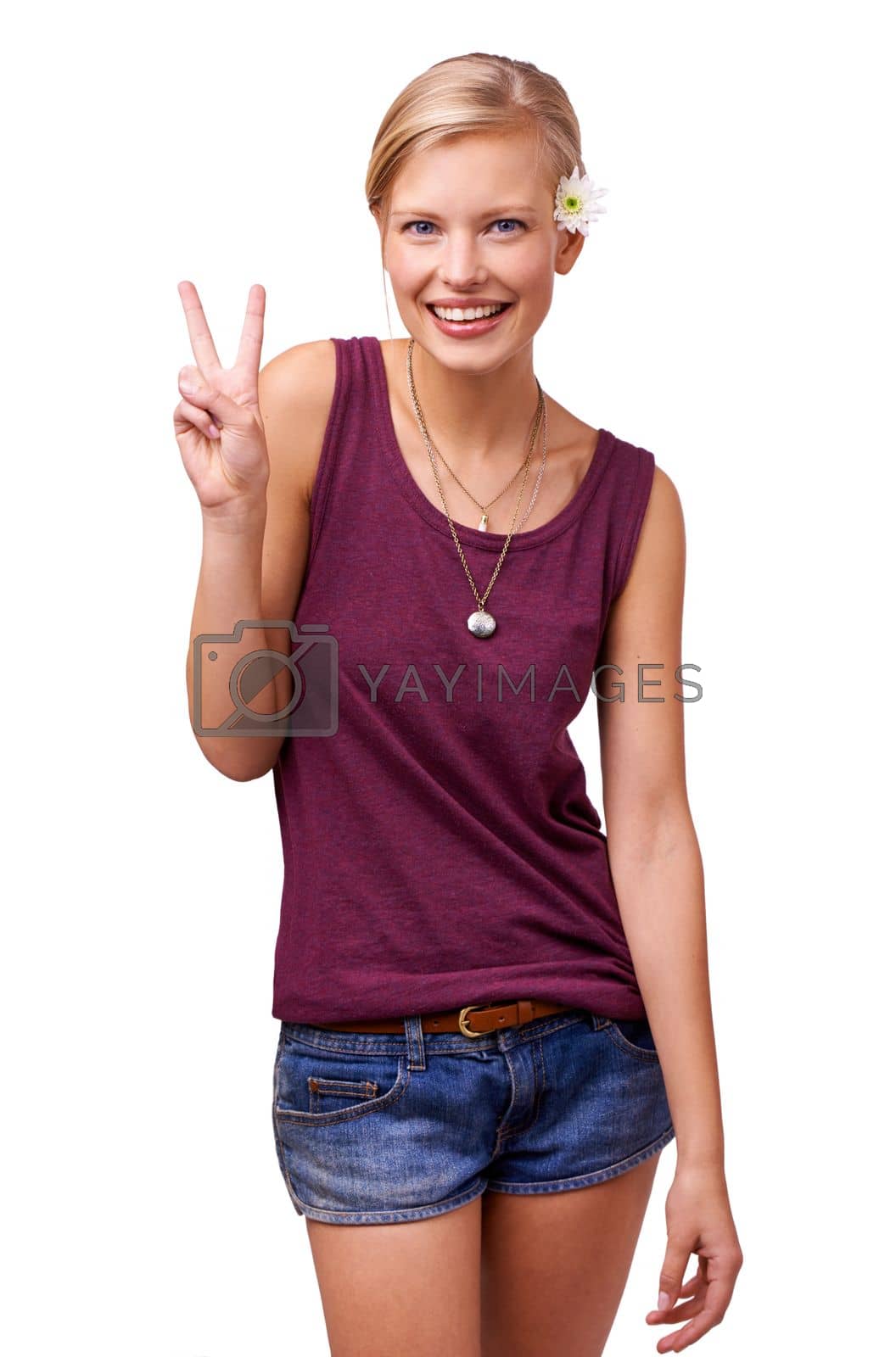 Royalty free image of Peace is all we need. Studio portrait of an attractive young woman giving the peace sign isolated on white. by YuriArcurs