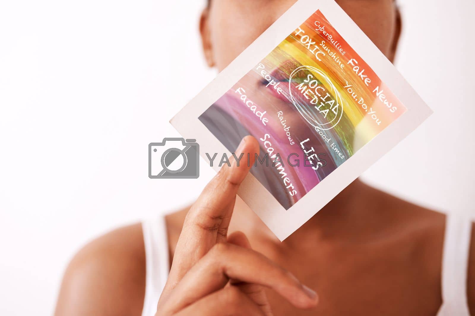 Social media, showing and black woman with message on paper in hand isolated on a white background. Review, color and girl with an announcement on a document about online communication on a backdrop.
