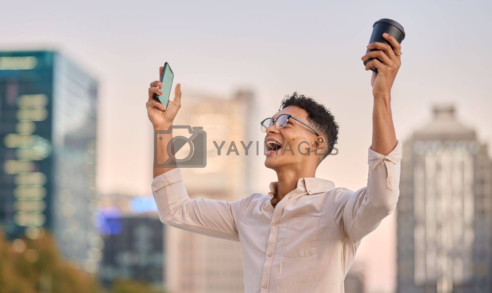 Royalty free image of Success, celebration and man with phone in the city for trading business and winning online gaming in Singapore. Winner, motivation and happy businessman in celebration for achievement on mobile by YuriArcurs