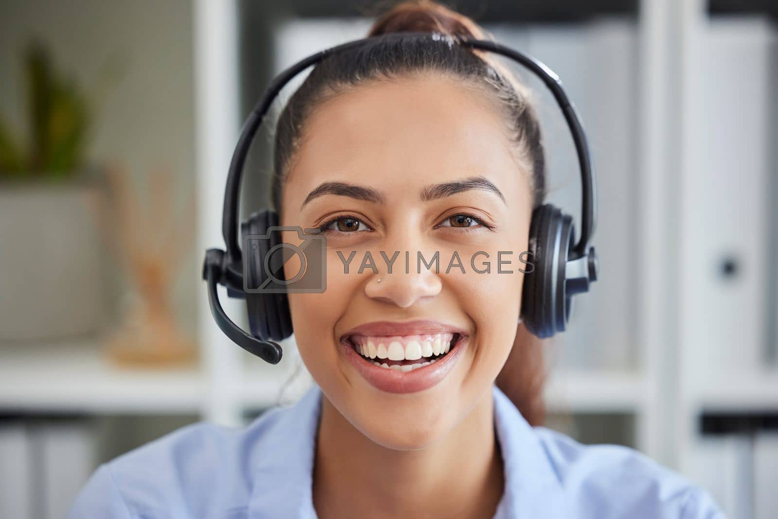 Call center, woman face and customer service, consulting and helping for solution, telemarketing or communication agency. Portrait of happy sales employee, receptionist and consultant with microphone.