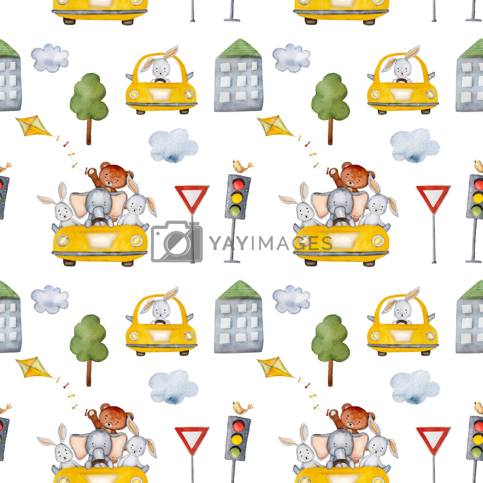 Royalty free image of Cartoon animals in yellow car watercolor painting by tan4ikk1