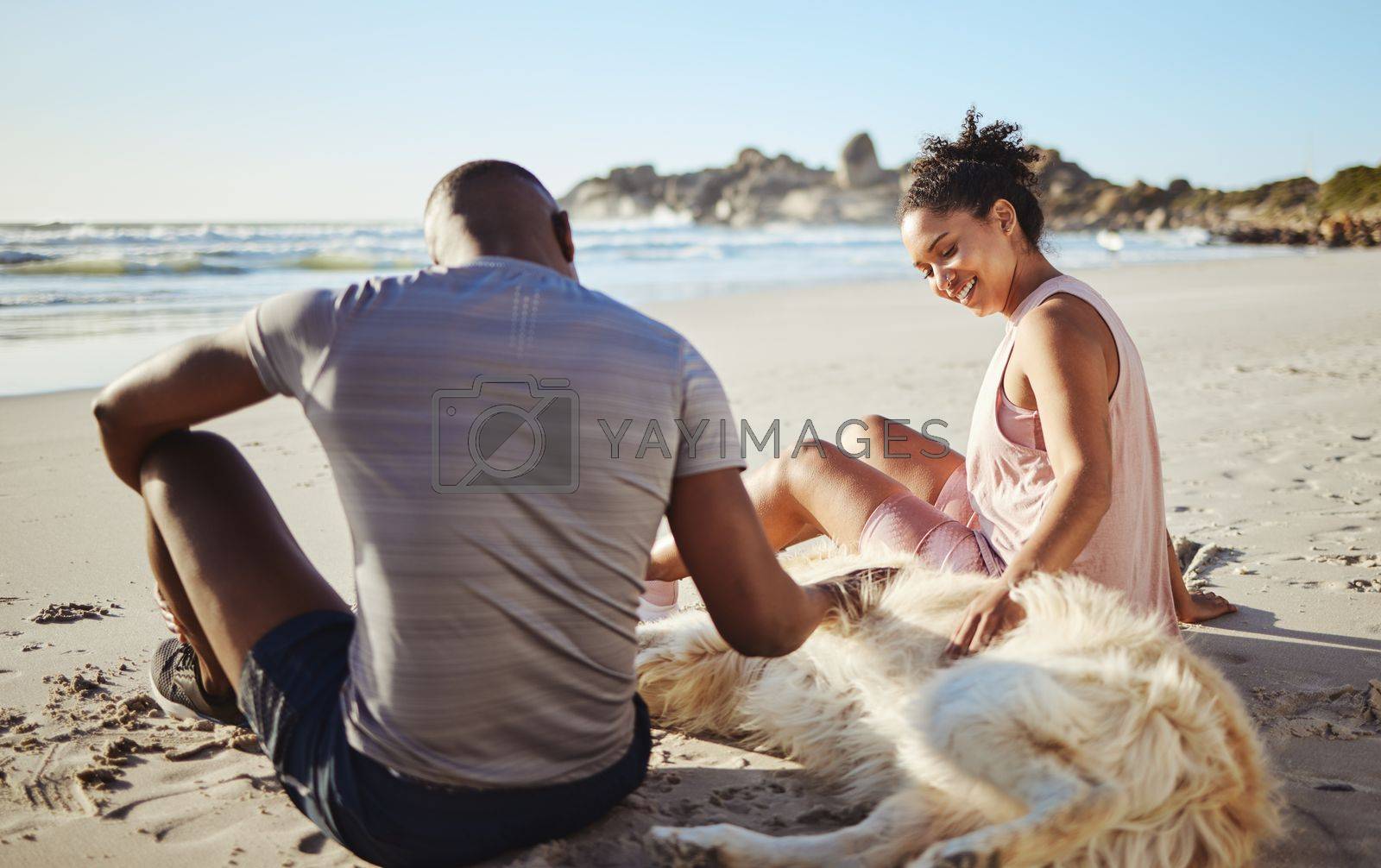 Royalty free image of Fitness couple relax with dog at beach, sand and ocean after summer workout, free time and fun in sunshine together. Happy man, woman and people, labrador animal pets and freedom at calm sea outdoors by YuriArcurs