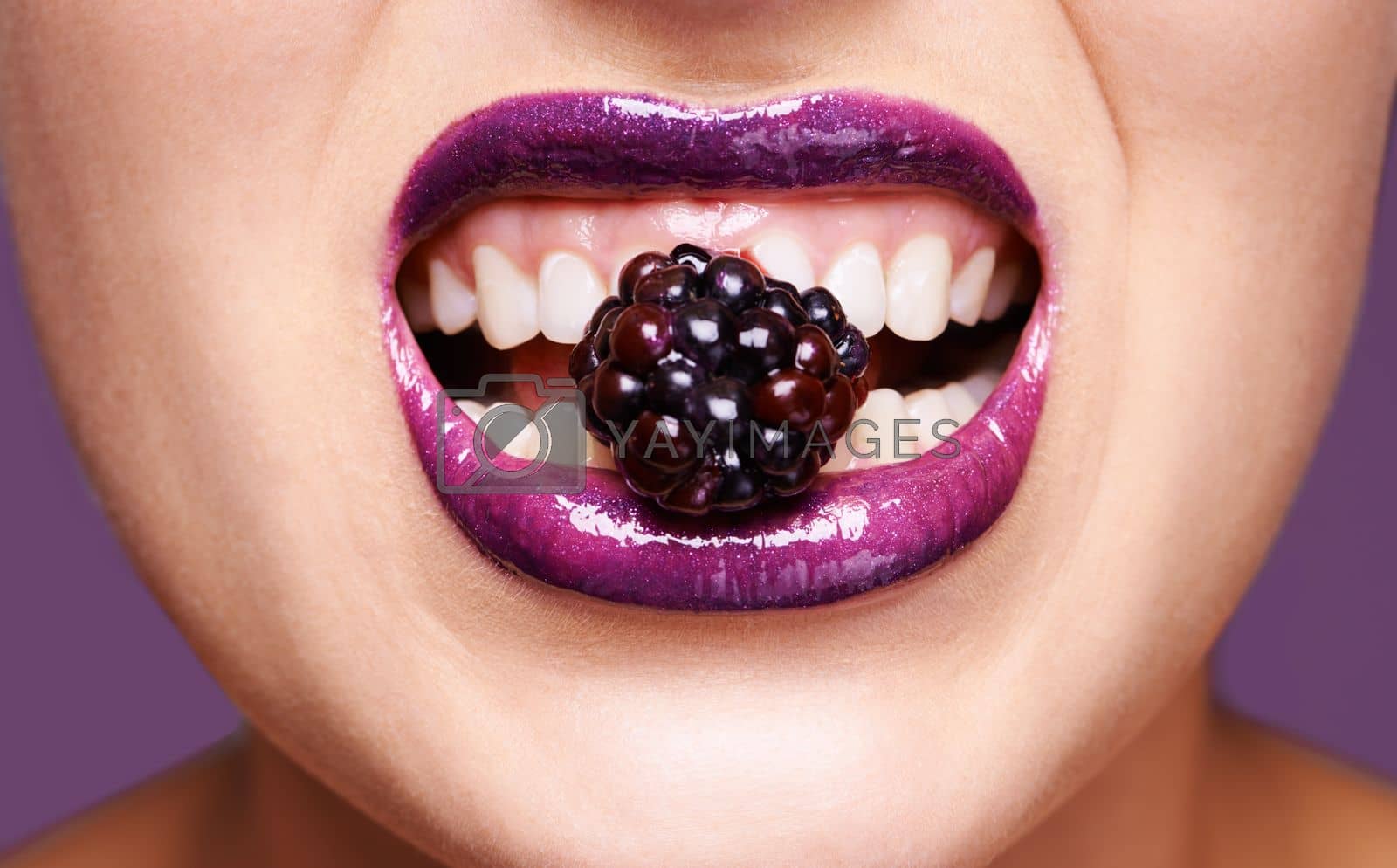 Royalty free image of Blackberry bites. a woman wearing purple lipstick and biting into a blackberry. by YuriArcurs