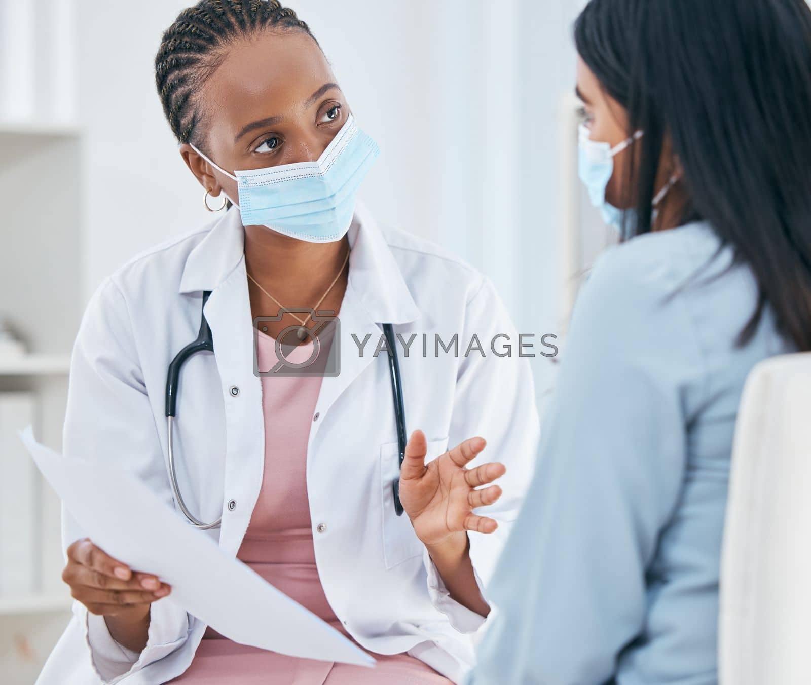 Doctor consulting patient, medical mask and communication healthcare wellness. Professional clinic nurse, surgery advice conversation and health insurance paper checklist or consultation in room.