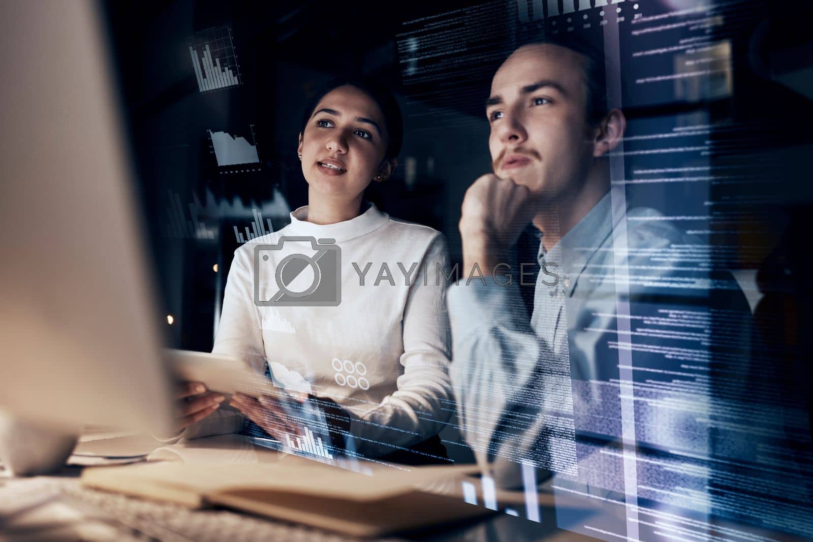 Royalty free image of Teamwork, cyber security and programming with business people at computer for planning, developer and 3d hologram. Software, infographic and future with employee for coding, technology and digital by YuriArcurs