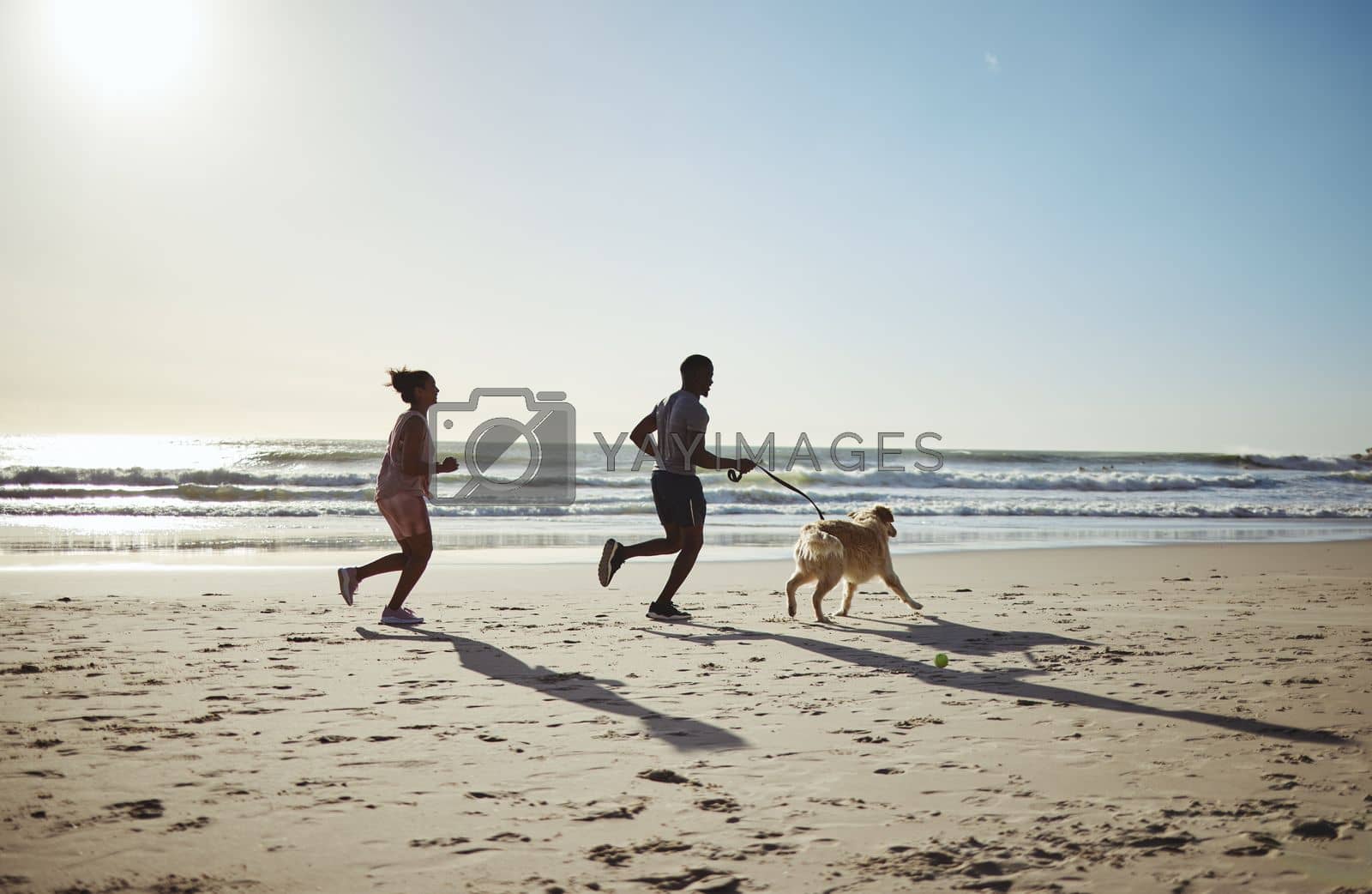 Royalty free image of Fitness, running and dog with couple at beach for freedom health and summer exercise. Sports, wellness and relax with man and woman runner with pet by the ocean for travel, support and peace workout by YuriArcurs