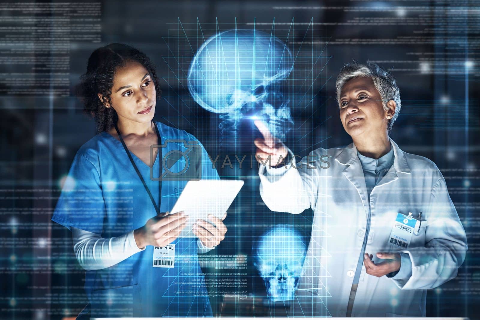 Royalty free image of Doctors, tablet or healthcare of futuristic skull in brain cancer, mental health or fracture analytics in night hospital thinking. Abstract hologram, head or organ technology or women collaboration by YuriArcurs
