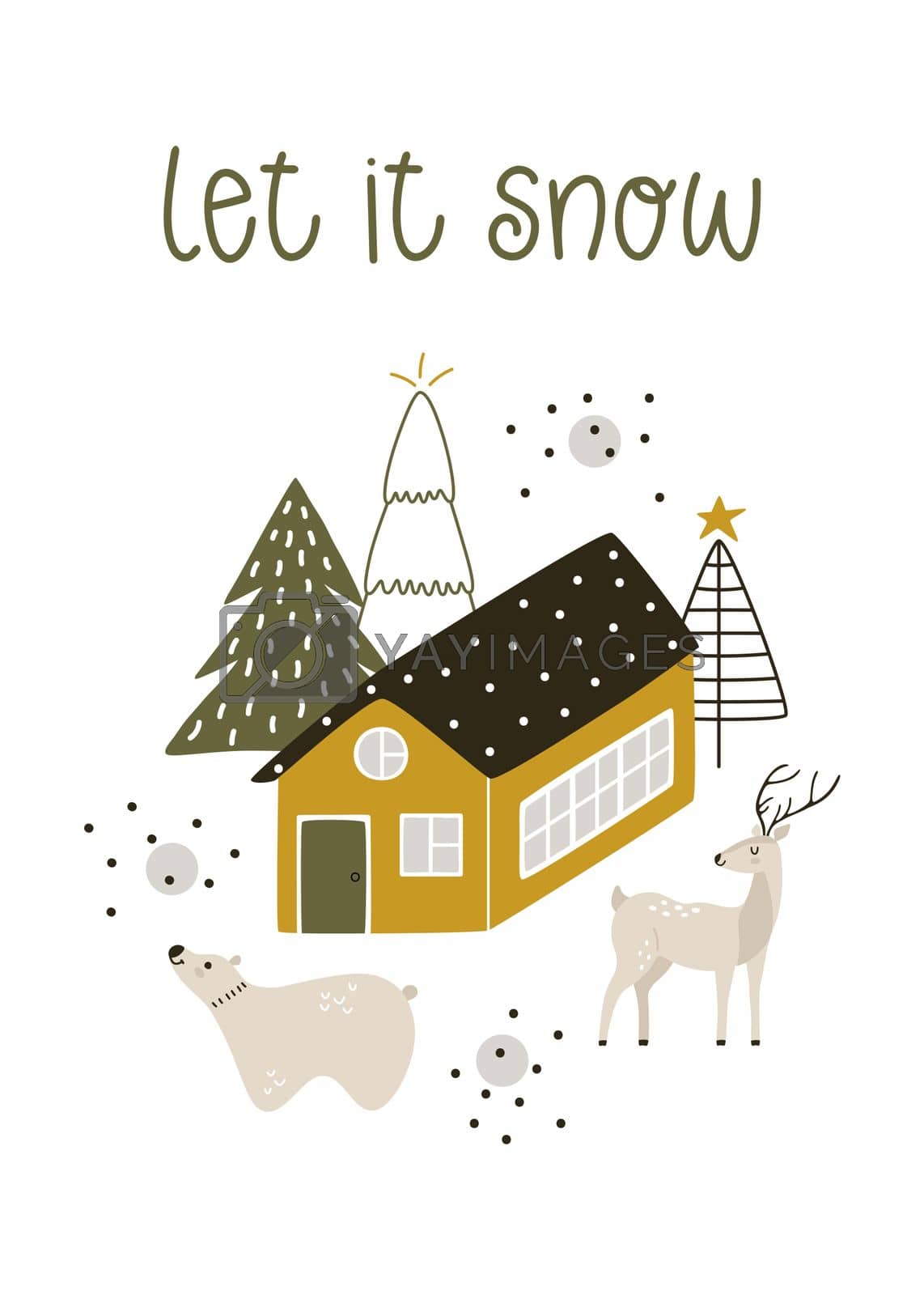 Royalty free image of Greeting card with an illustration of a house, Christmas trees, and winter animals by lera_feeva