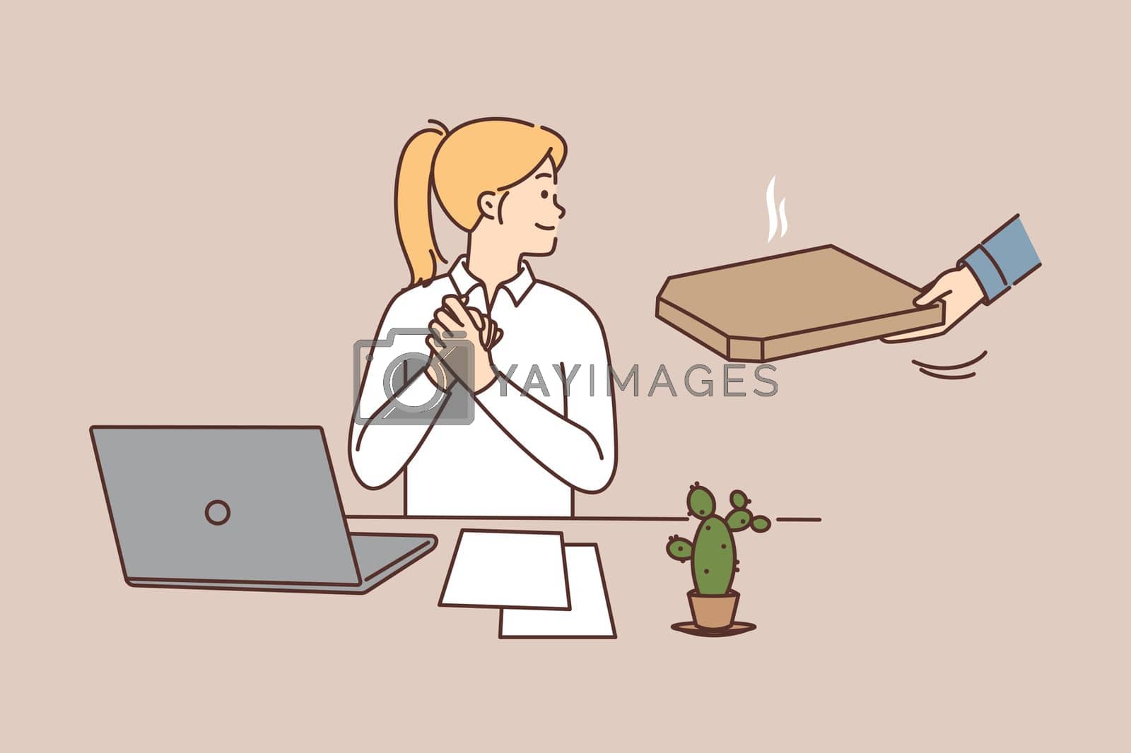 Royalty free image of Female employee get pizza delivery in office by Vasilyeu