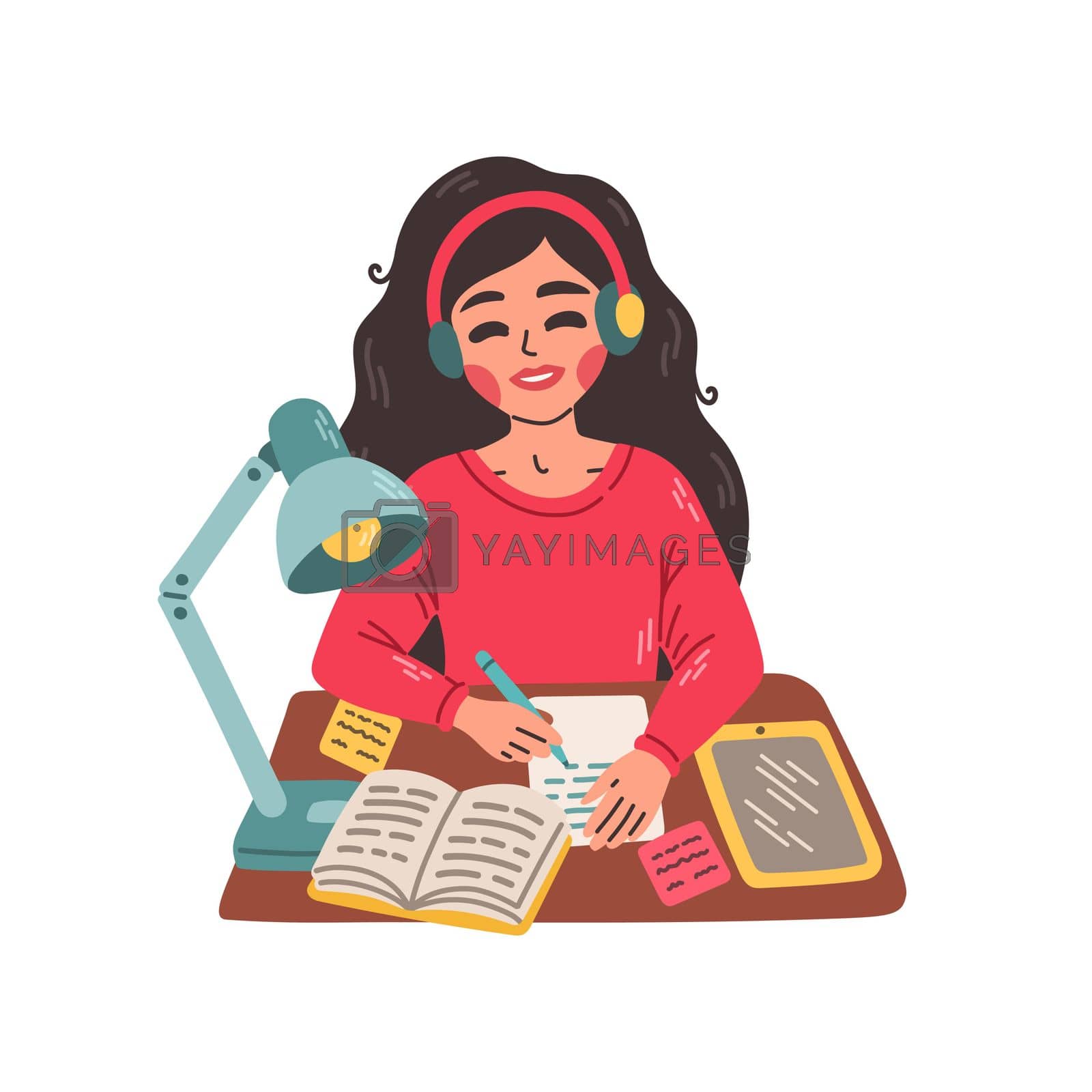 Royalty free image of Young girl sitting at a table and writing in notebook. Flat illustration of e learning and tutorial concept. by spirkaart