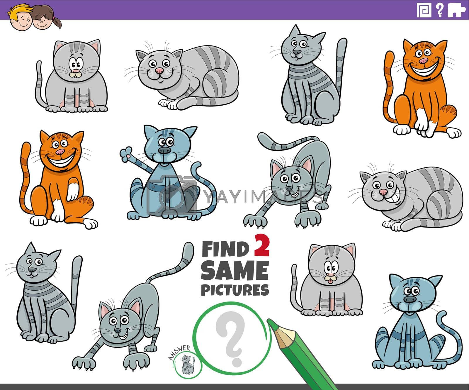 Royalty free image of find two same cartoon cat characters educational task by izakowski