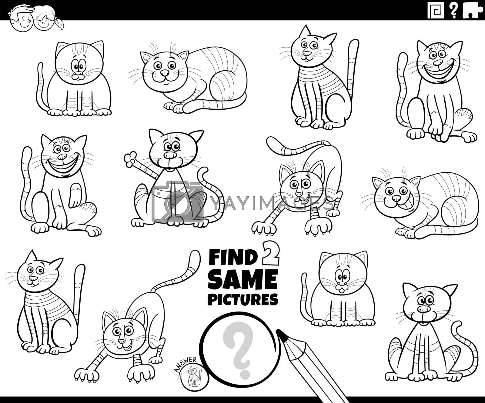 Royalty free image of find two same cartoon cats task coloring page by izakowski
