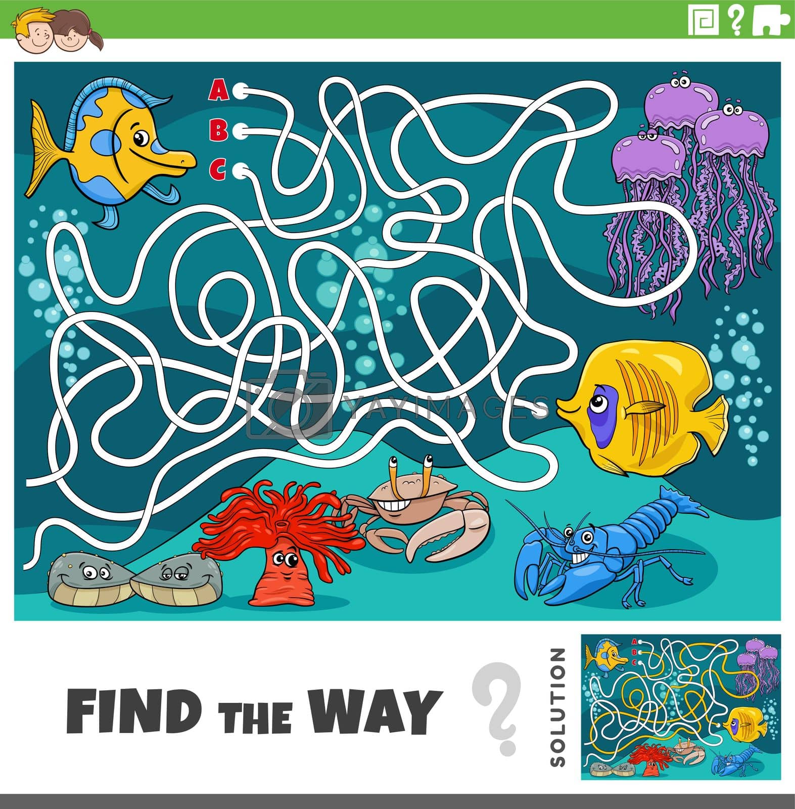 Royalty free image of find the way game with cartoon fish and marine animals by izakowski