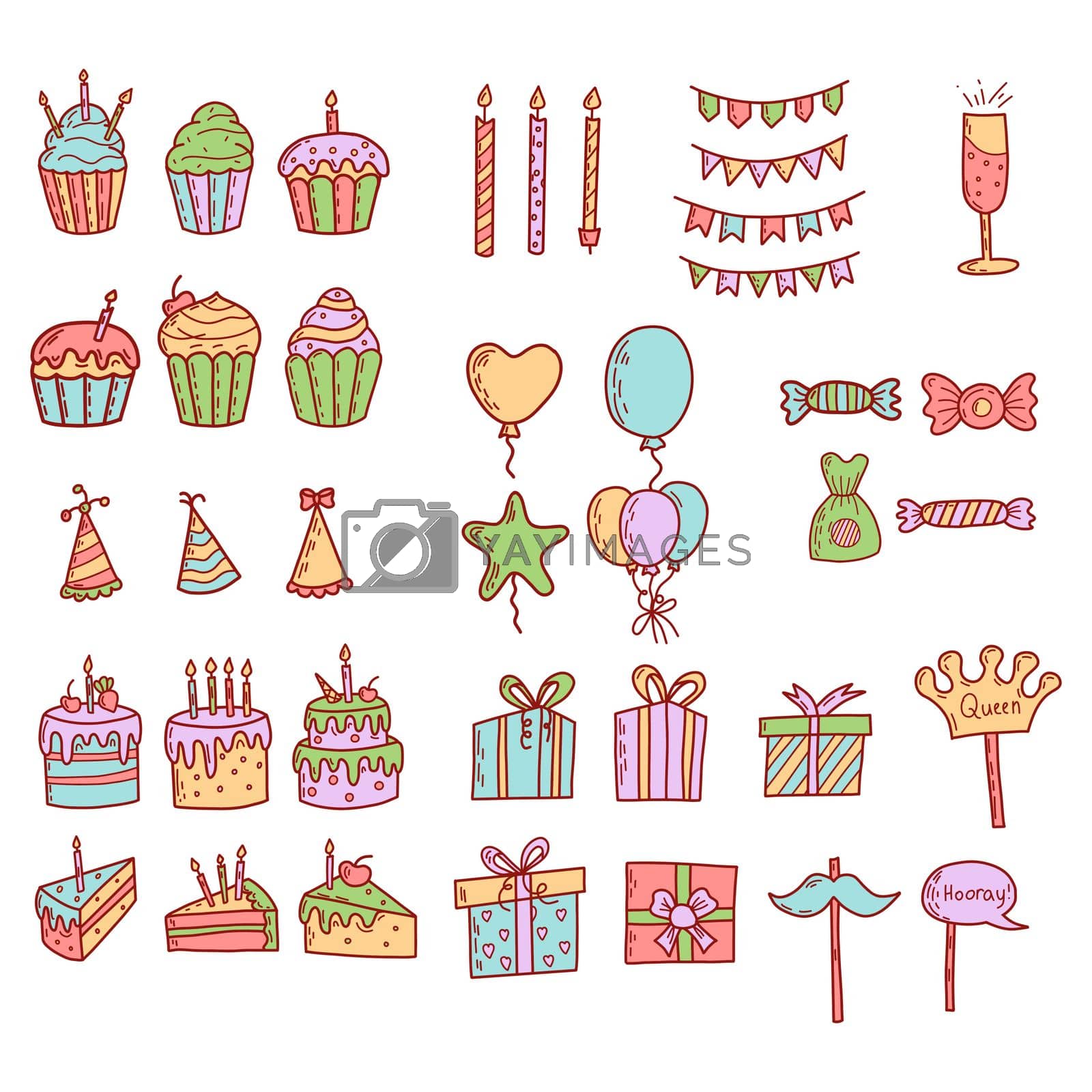 Royalty free image of Birthday greeting party decorations. Gifts presents, cupcakes, celebration cake by anna_orlova
