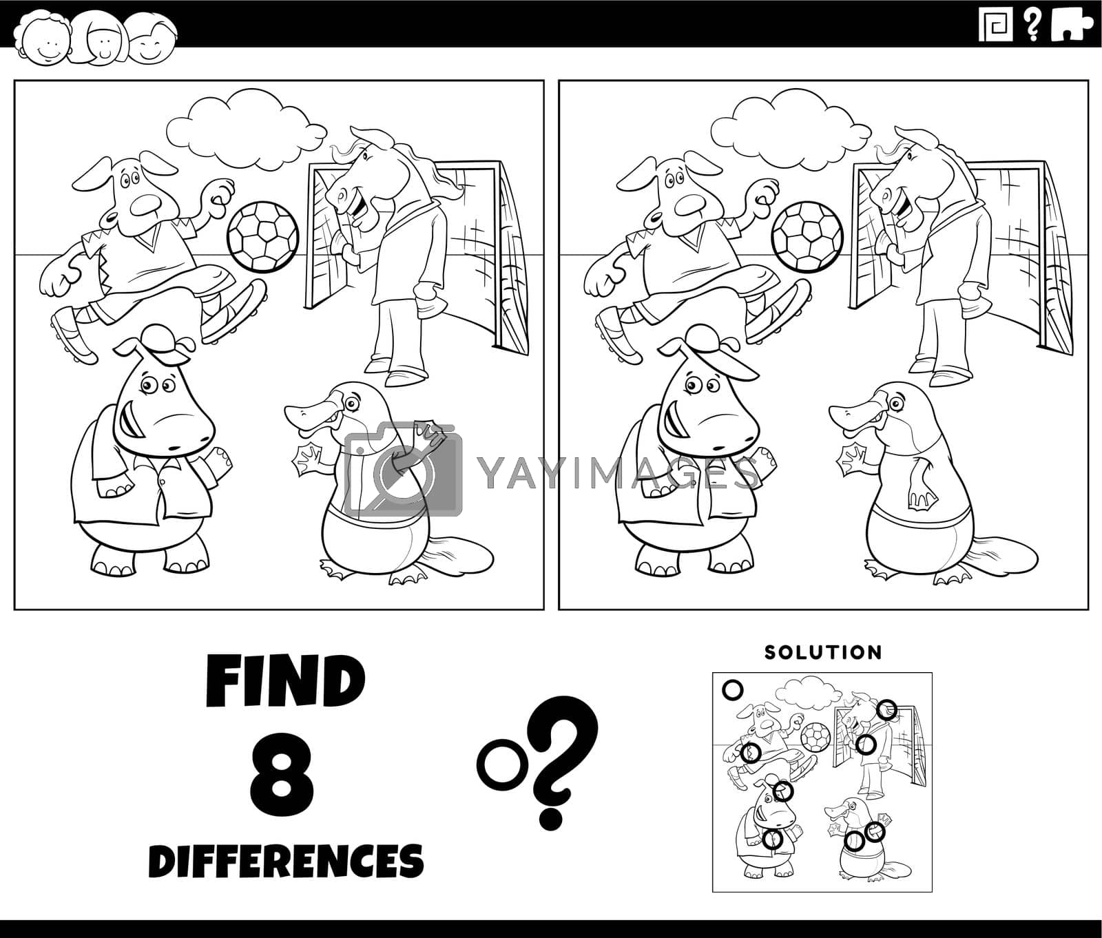Royalty free image of differences task with animals playing soccer coloring page by izakowski