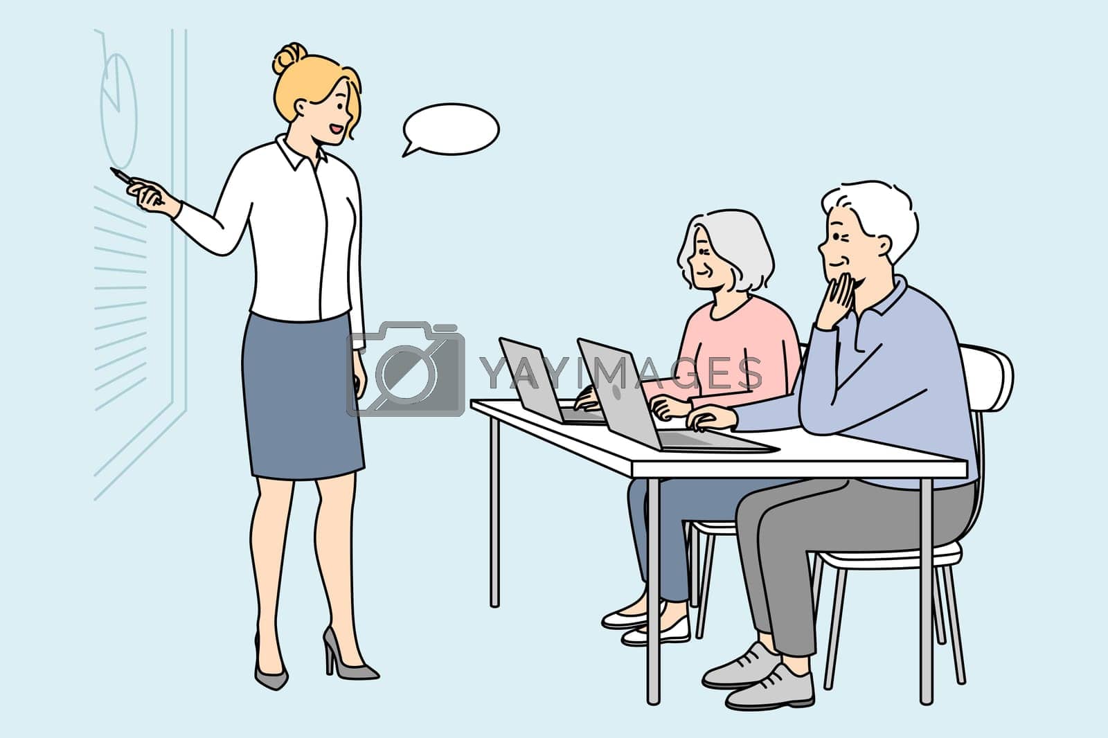 Retraining, additional education for elderly people. Advanced training for senior men, women. Young female teacher gives master class, seminar for pensioners. Vector outline colorful illustration.