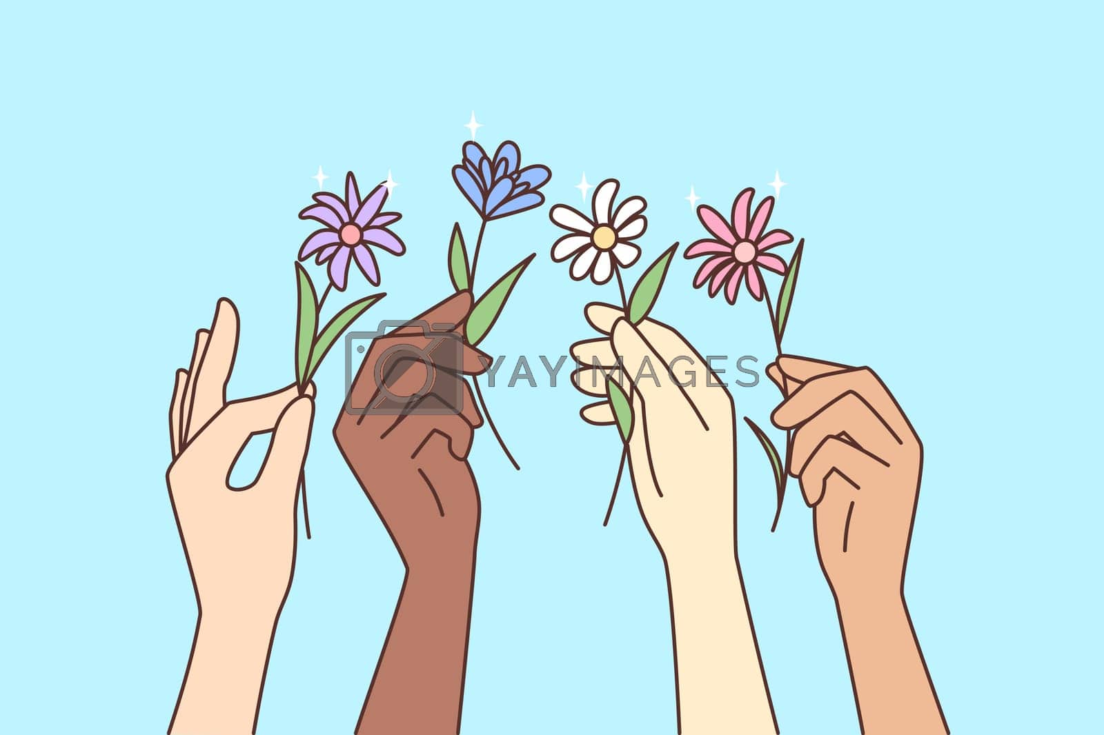 Royalty free image of Diverse people hands holding flowers by Vasilyeu