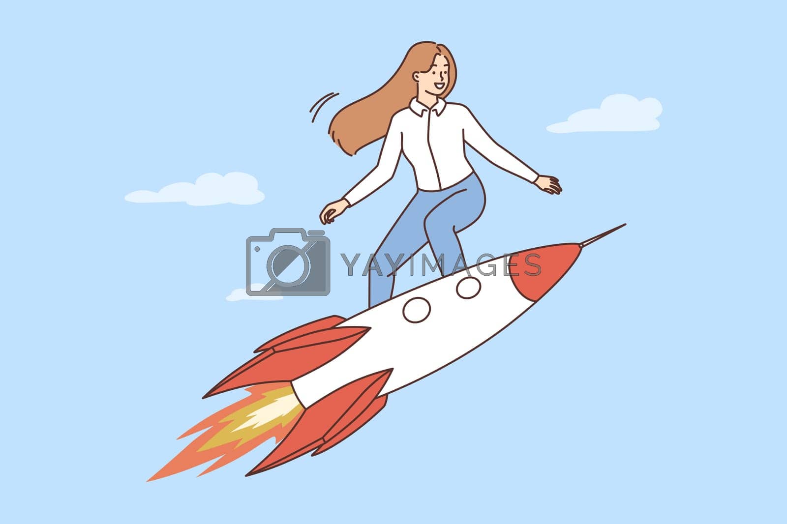 Royalty free image of Motivated businesswoman fly on rocket by Vasilyeu