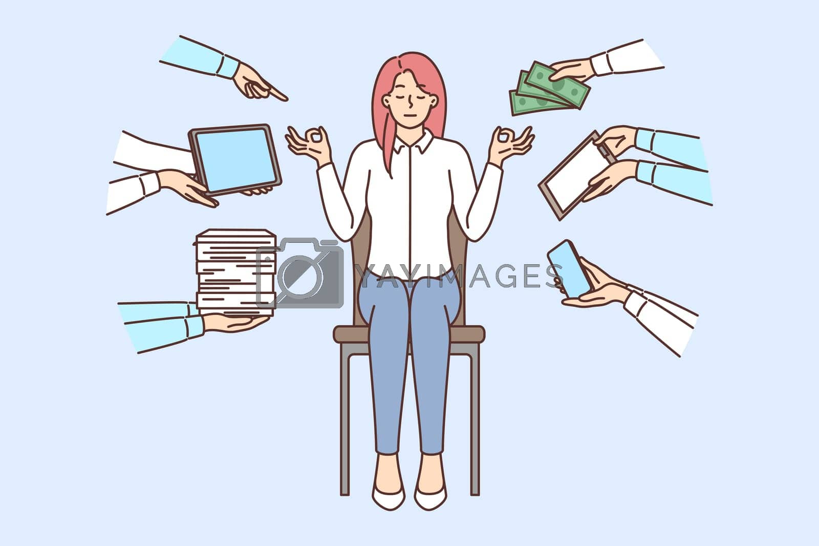 Royalty free image of Calm businesswoman meditate distracted form office work by Vasilyeu