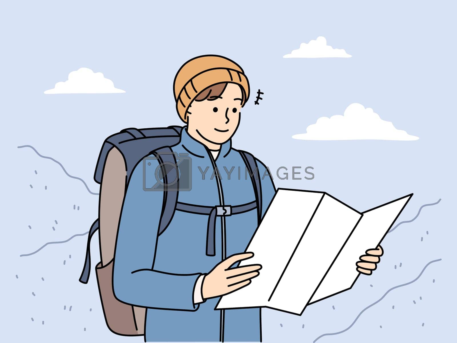 Royalty free image of Male traveler check map trekking in mountains by Vasilyeu