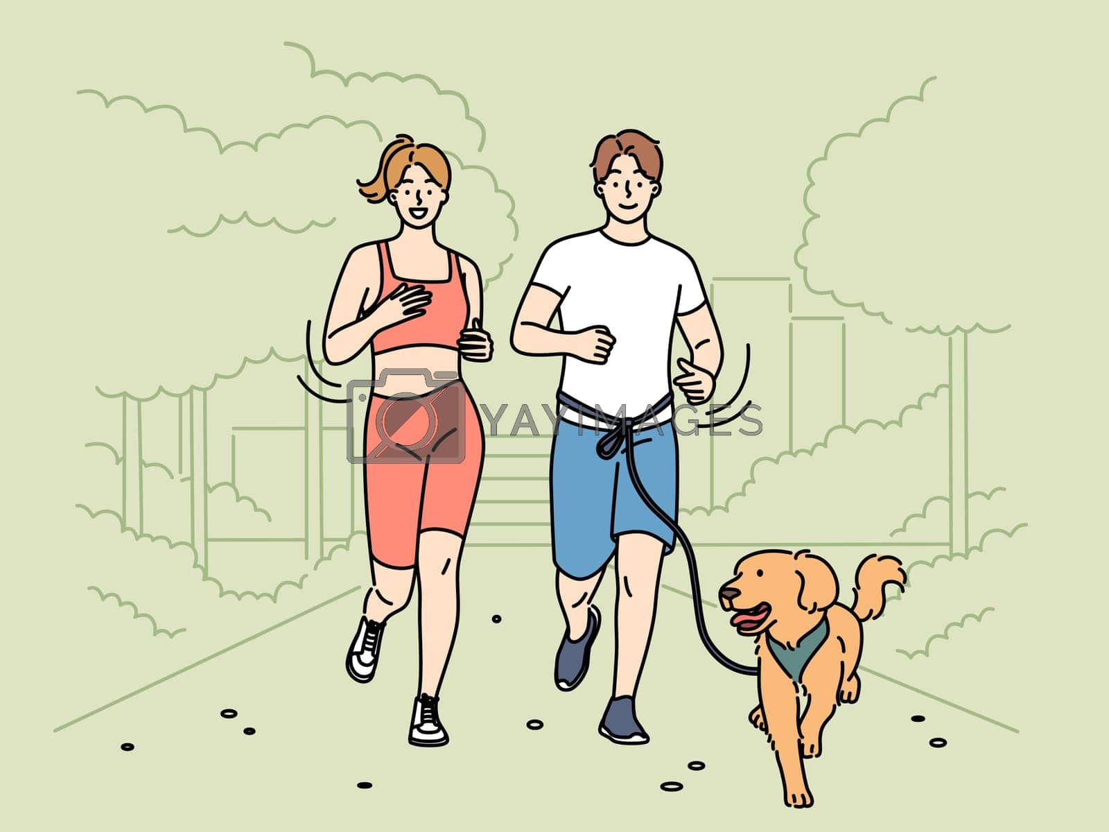 Royalty free image of Happy couple jogging in park with dog by Vasilyeu