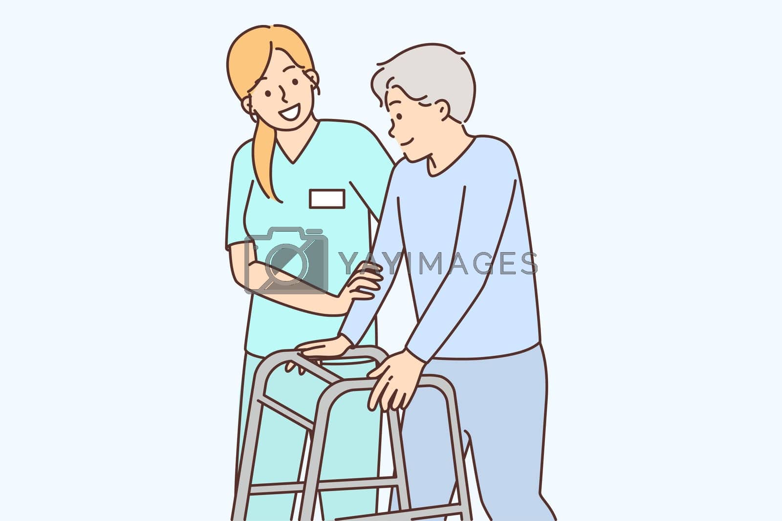 Royalty free image of Woman caring for elderly human leaning on stilts for people with disabilities by Vasilyeu