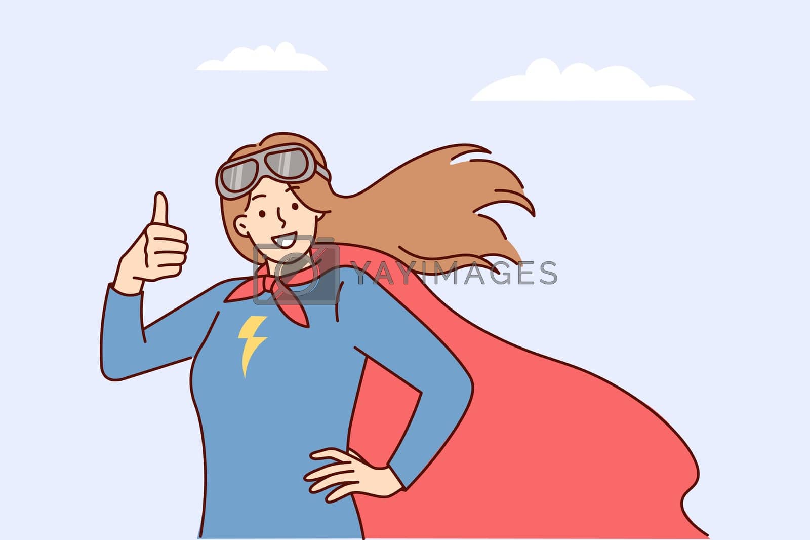Royalty free image of Woman superhero with picture of lightning on chest shows thumbs up on background of cloudy sky by Vasilyeu