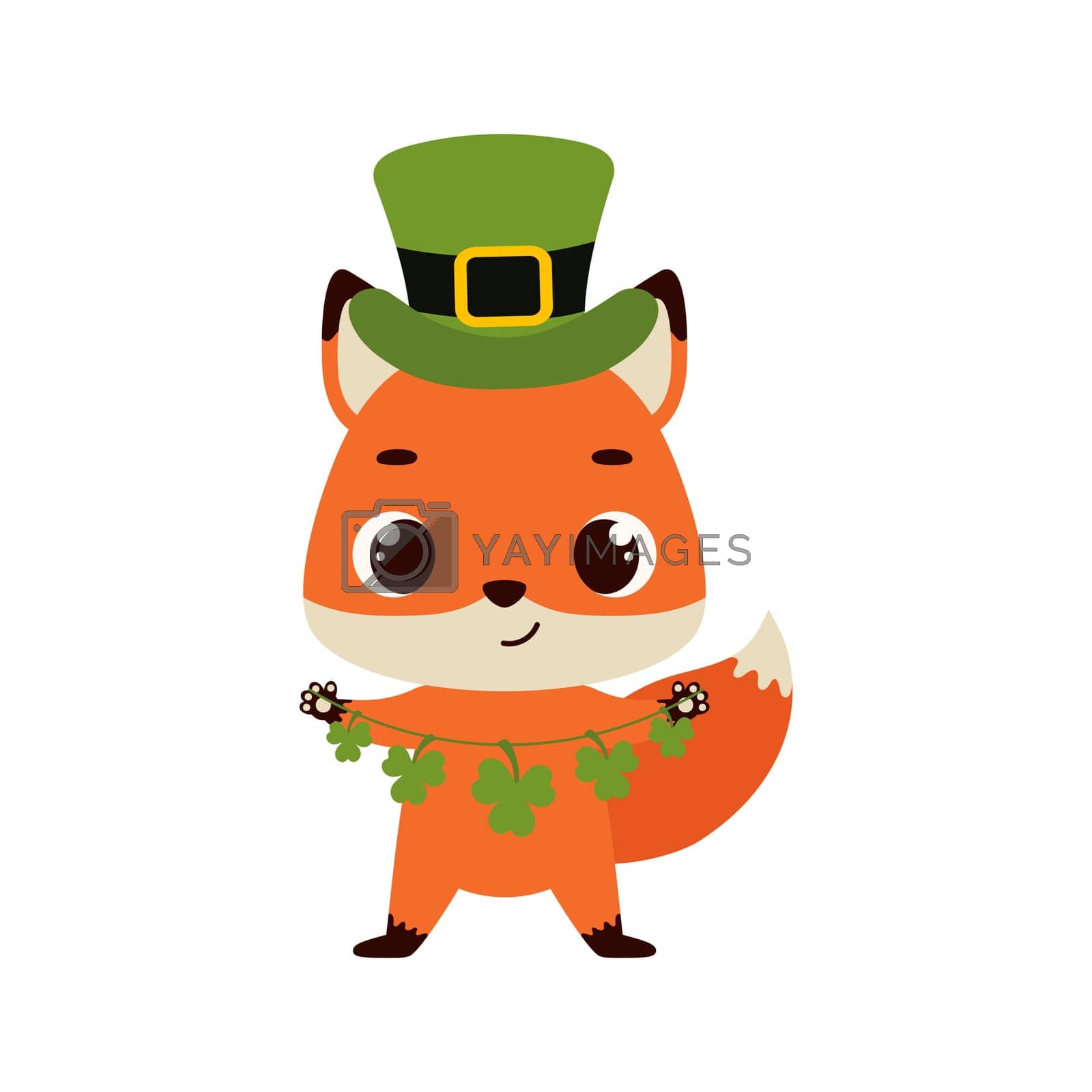Royalty free image of Cute fox in green leprechaun hat with clover. Irish holiday folklore theme. Cartoon design for cards, decor, shirt, invitation. Vector stock illustration by Melnyk