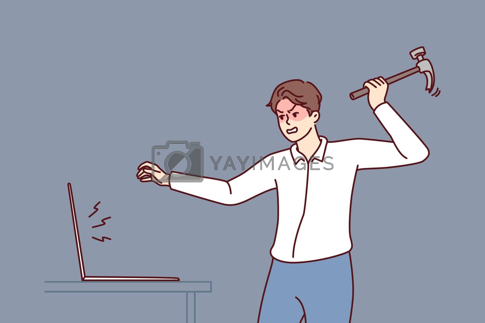 Royalty free image of Aggressive man smashes laptop screen with hammer because intrusive interfere ads by Vasilyeva