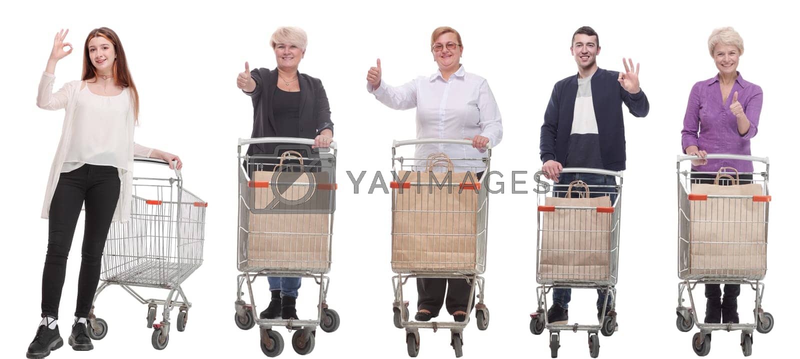 Royalty free image of group of people with shopping cart showing thumbs up by asdf