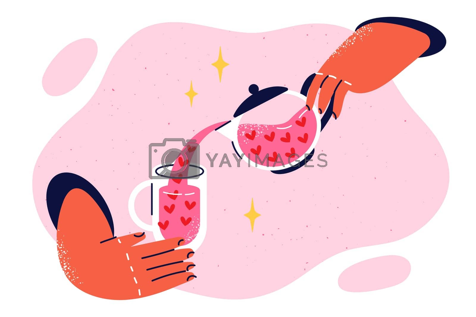 Royalty free image of Hands with glass and teapot filled with hearts symbolizing love potion to create love couples by Vasilyeu