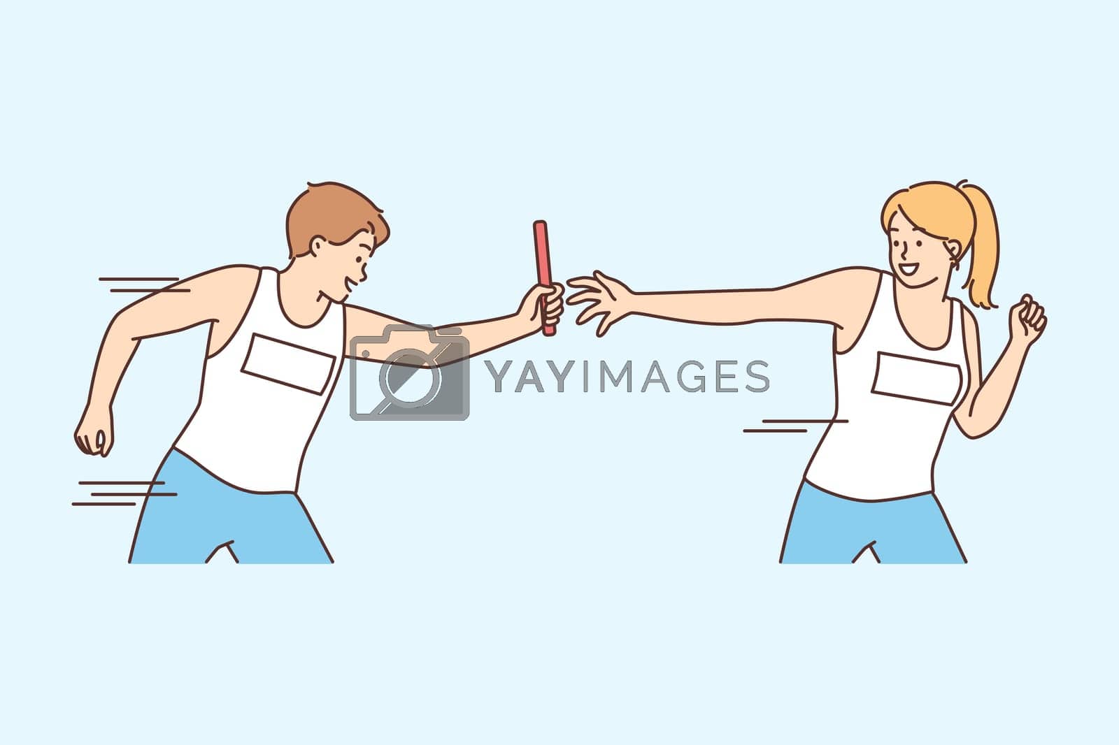 Royalty free image of Man giving relay race to woman competing in team sport doing timed exercise by Vasilyeu
