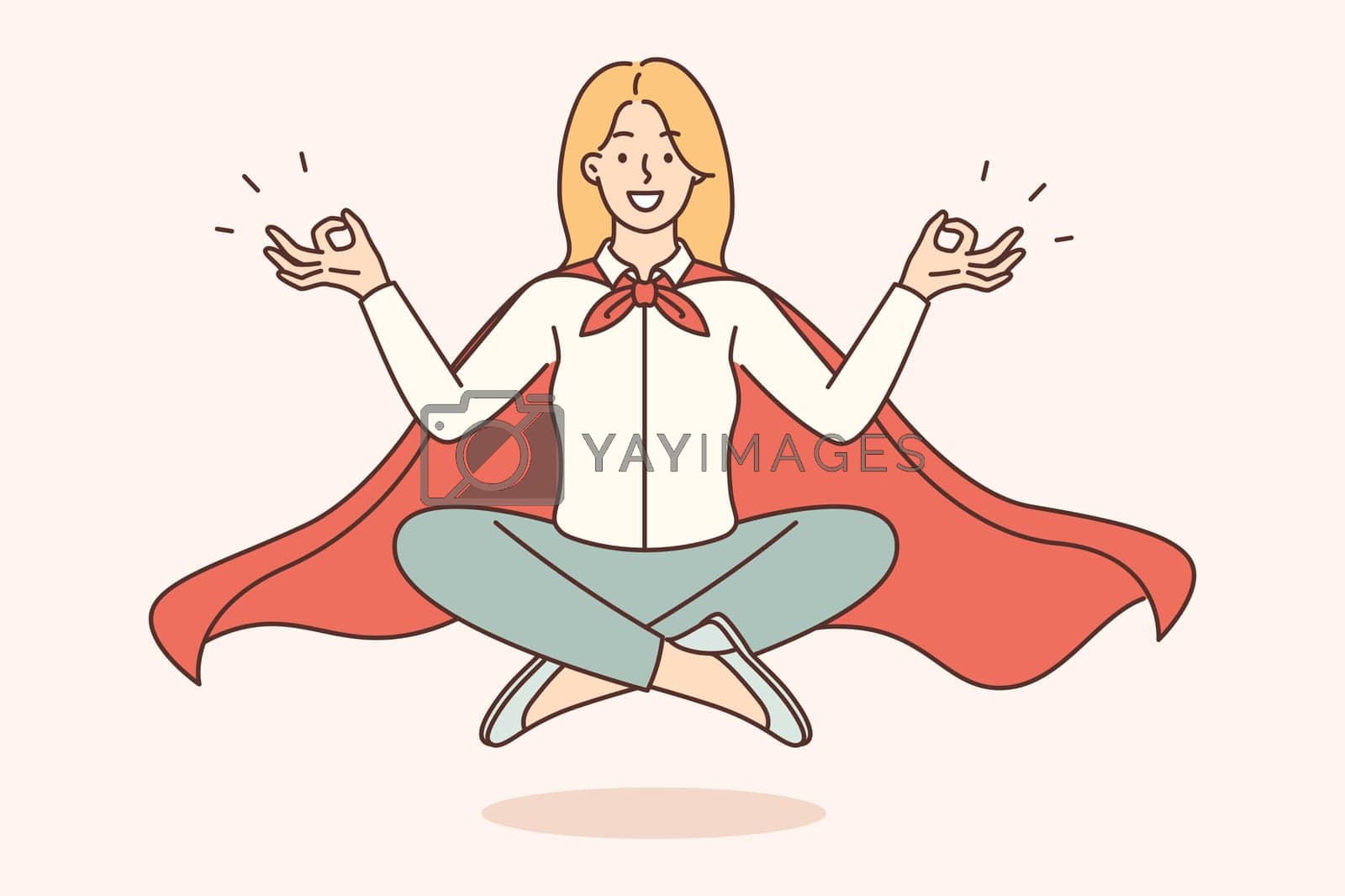 Royalty free image of Woman office worker in superhero cape meditating and does yoga for harmony and balance by Vasilyeu