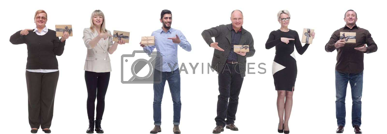 Royalty free image of group of happy people with gifts in their hands isolated by asdf