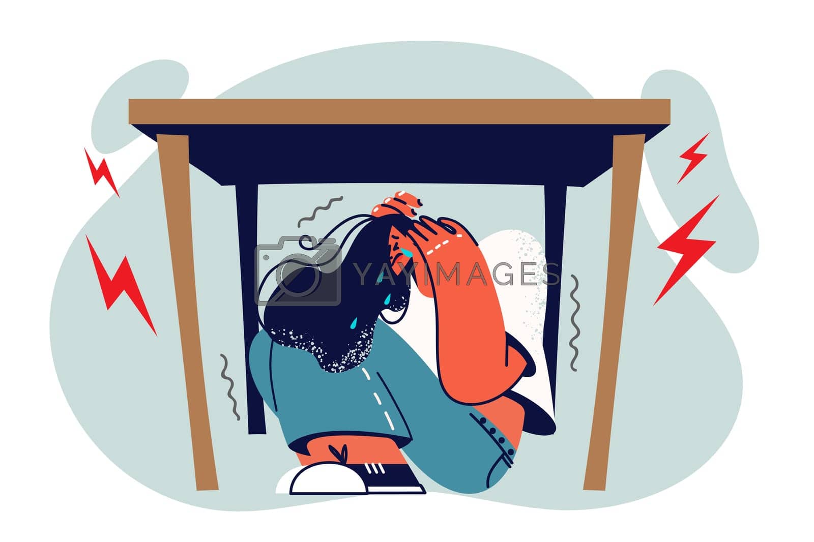 Royalty free image of Woman sobs and hides under table in horror during panic attack due to regular stress by Vasilyeu