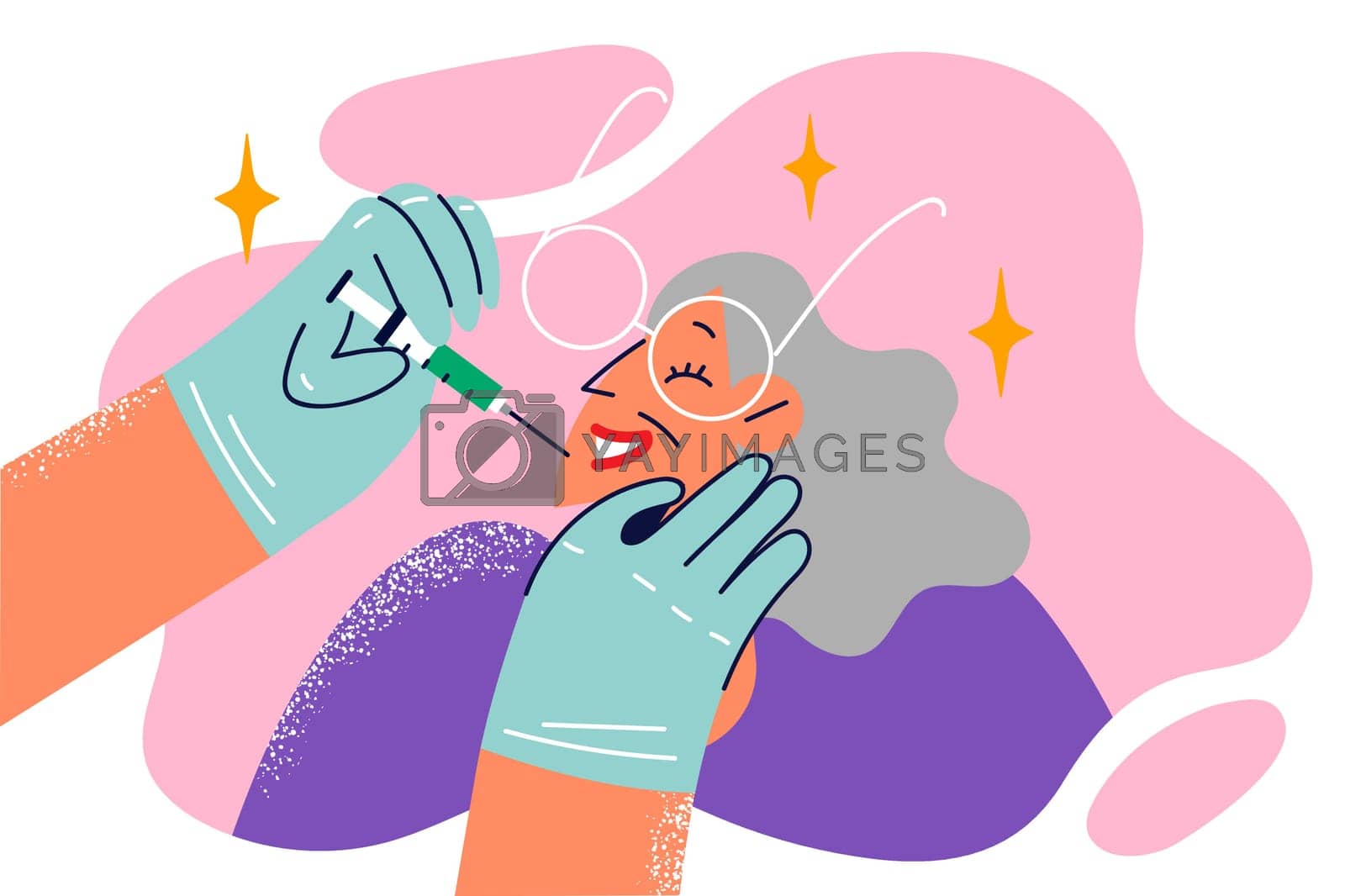 Royalty free image of Hand of beautician with syringe Botox intended for elderly woman who wants to get rid wrinkles by Vasilyeu