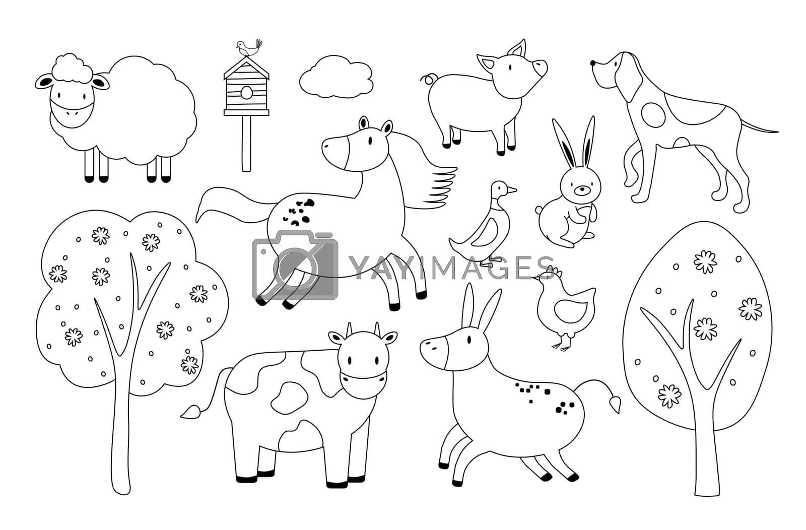 Royalty free image of Set of domestic and farm animals and pets and trees. Thin black line art icons. Linear cartoon style illustrations isolated on white. EPS by Alxyzt